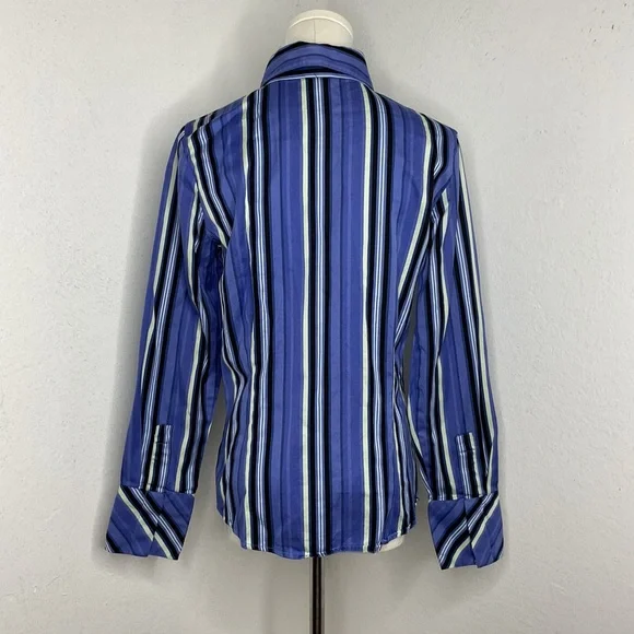 Y2K Women's Blue Green Striped Button Down Shirt Preppy Office Long Sleeve Sz 8 - Picture 6 of 10